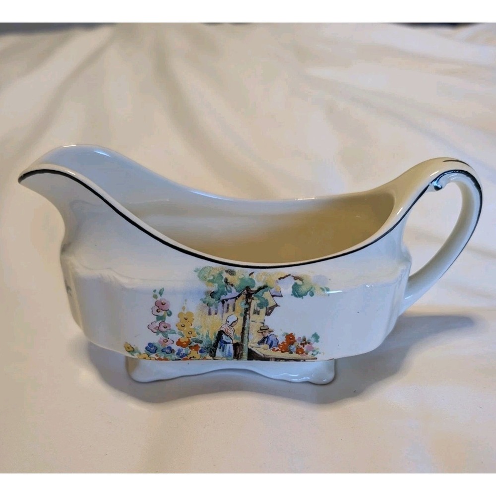 Vintage J&G Meakin England Sol Floral Pastoral‎ Footed Gravy Boat Creamer 1930s